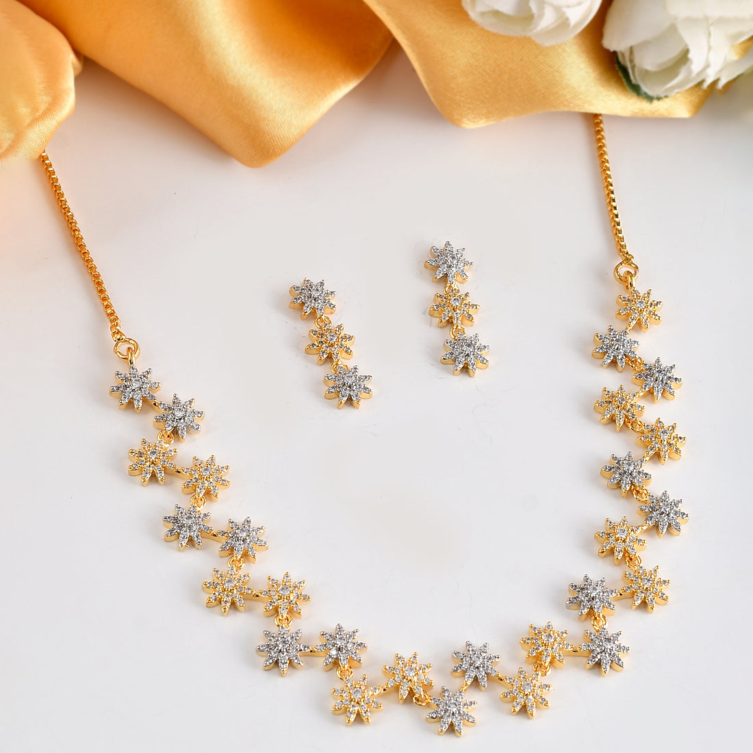 Women's Cz Elegance Gold Plated Round Star Necklace Set - Voylla