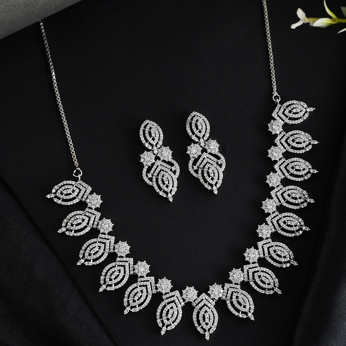 Women's Cz Elegance Silver Plated Leafy Necklace Set - Voylla