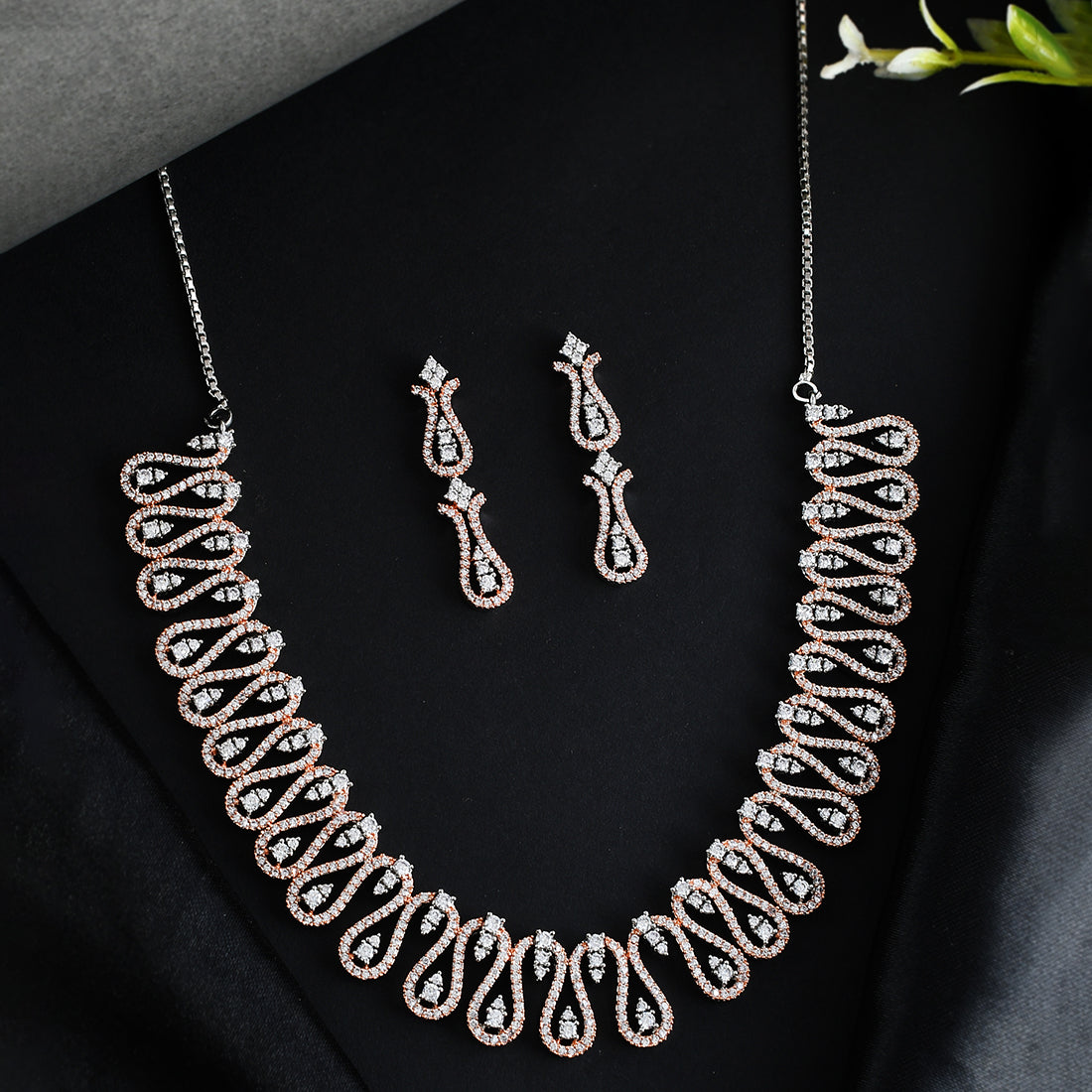 Women's Cz Elegance Dual Tone Curvy Wave Brass Made Necklace Set - Voylla