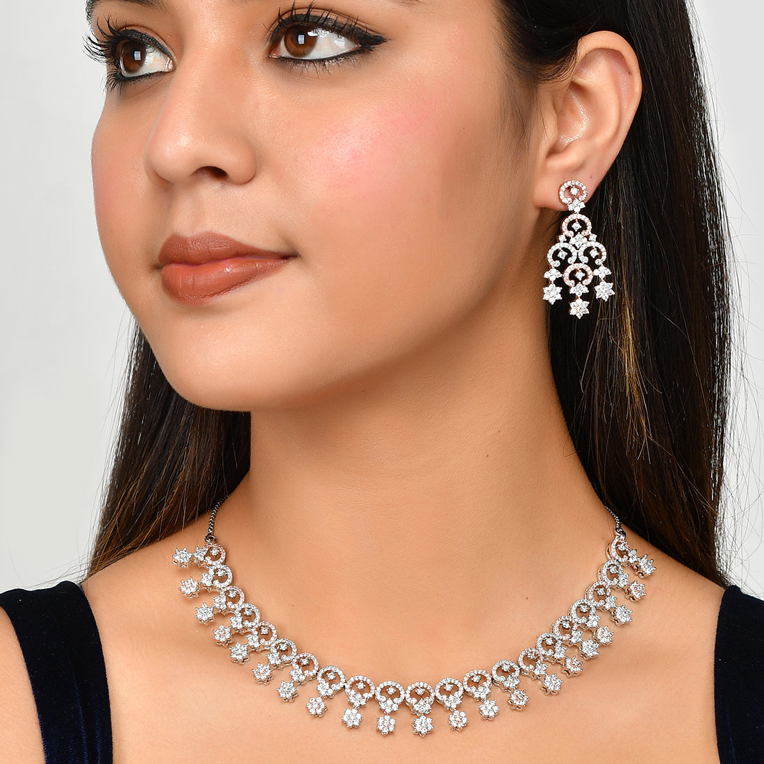 Women's Cz Elegance Silver Plated Star Hanging Necklace Set - Voylla