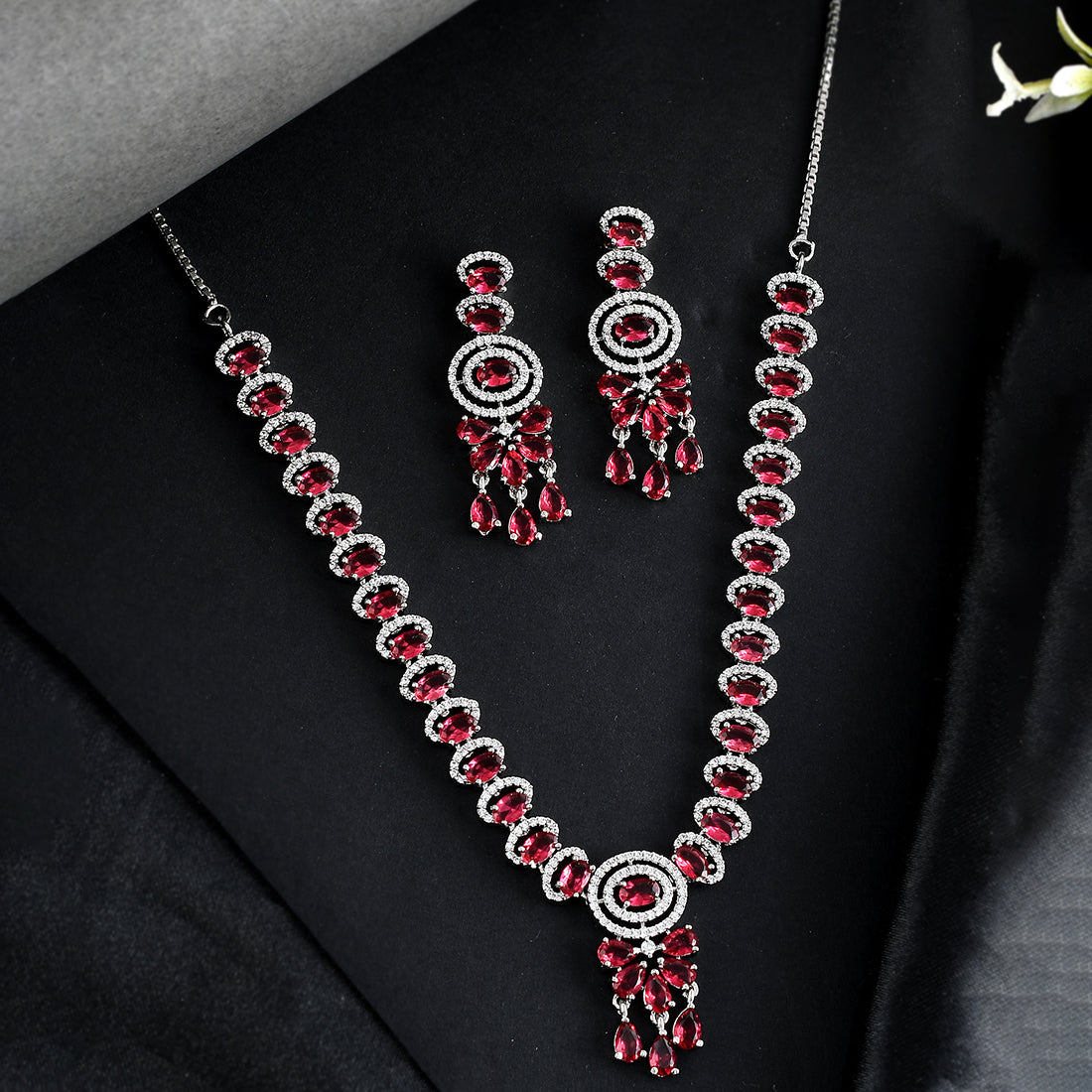 Women's Cz Elegance Silver Plated Red Stone Necklace Set - Voylla