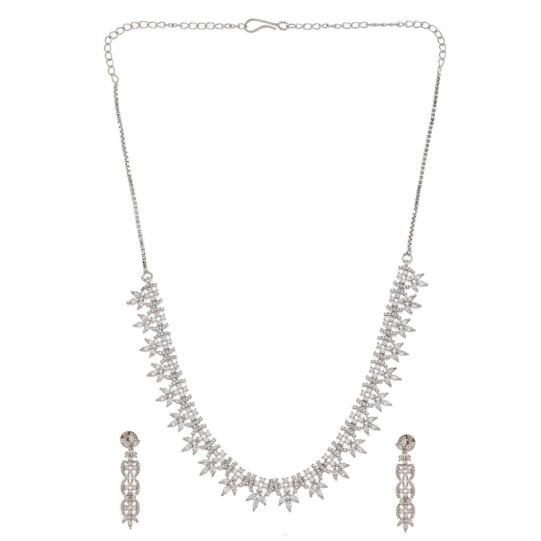 Women's Cz Elegance Silver Plated Brass Made Leafy Necklace And Earrings - Voylla