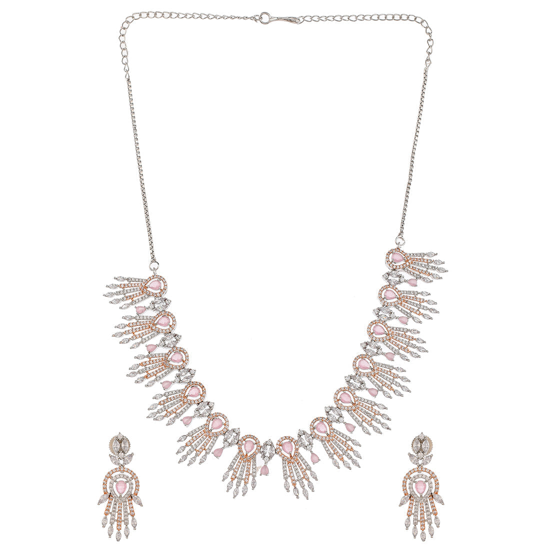 Women's Cz Elegance Dual Tone Pink Gem Necklace Set - Voylla