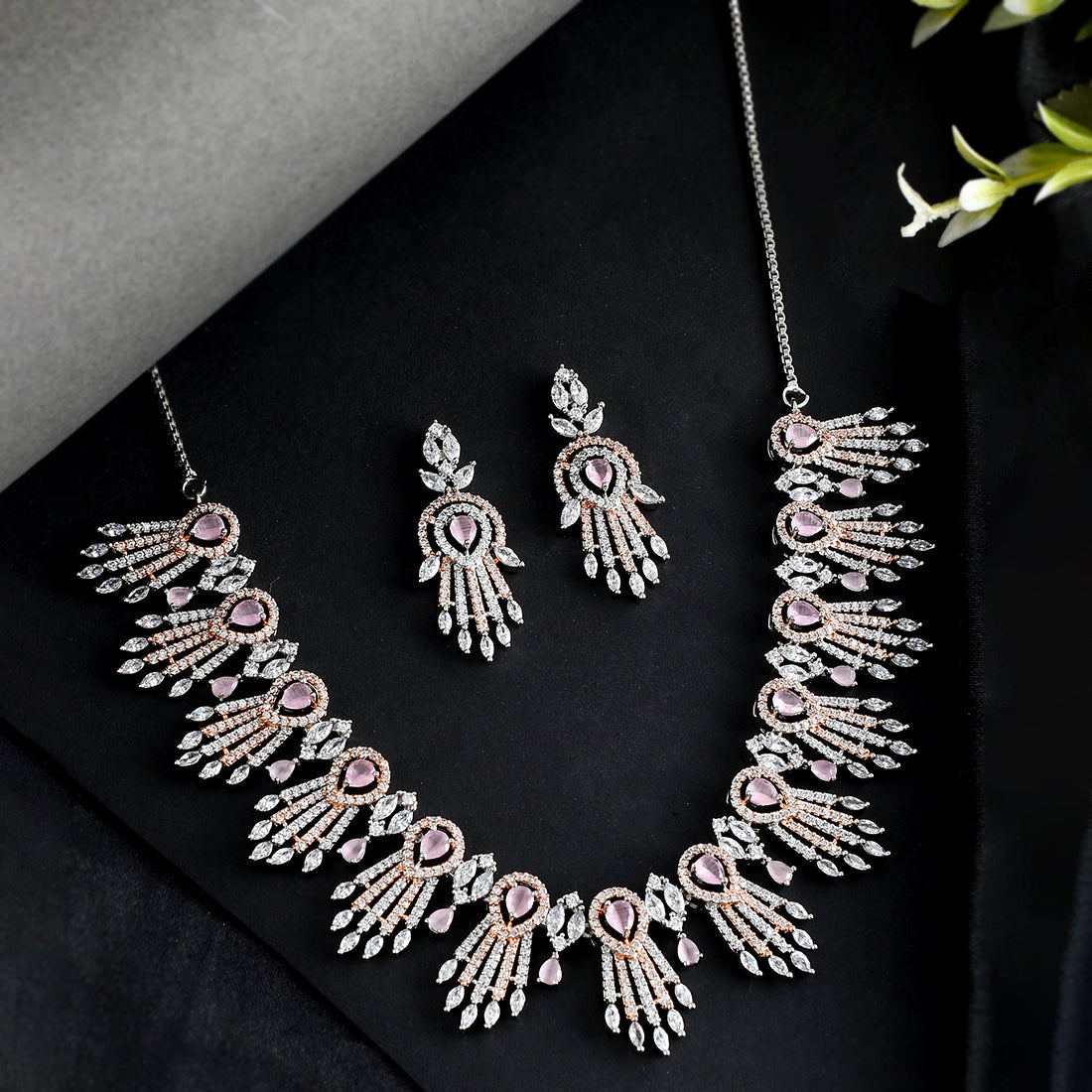 Women's Cz Elegance Dual Tone Pink Gem Necklace Set - Voylla