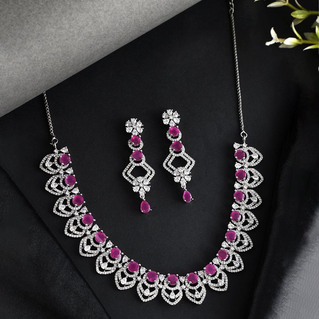 Women's Cz Elegance Purple Stone Silver Necklace Set - Voylla