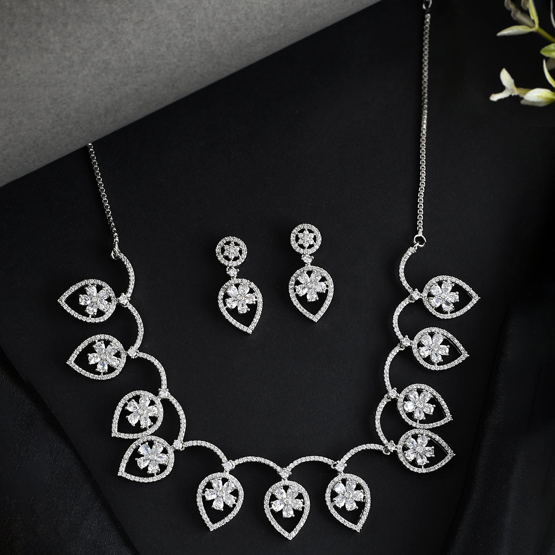 Women's Cz Elegance Leaf Shaped Silver Necklace Set - Voylla
