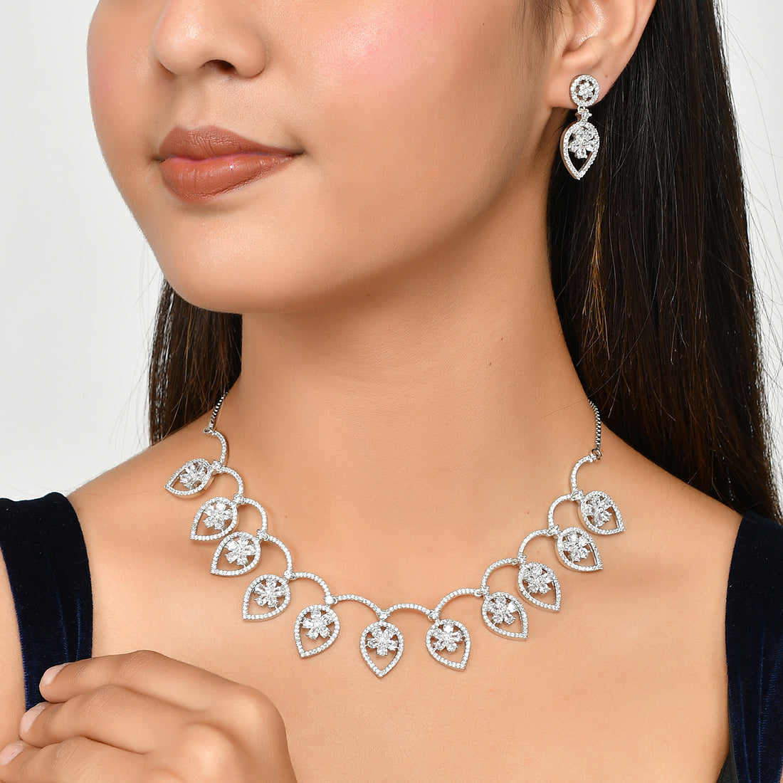 Women's Cz Elegance Leaf Shaped Silver Necklace Set - Voylla