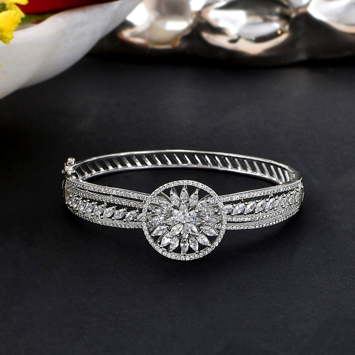 Women's Sparkling Elegance Round Floral Cz Studded Studded Bracelet - Voylla