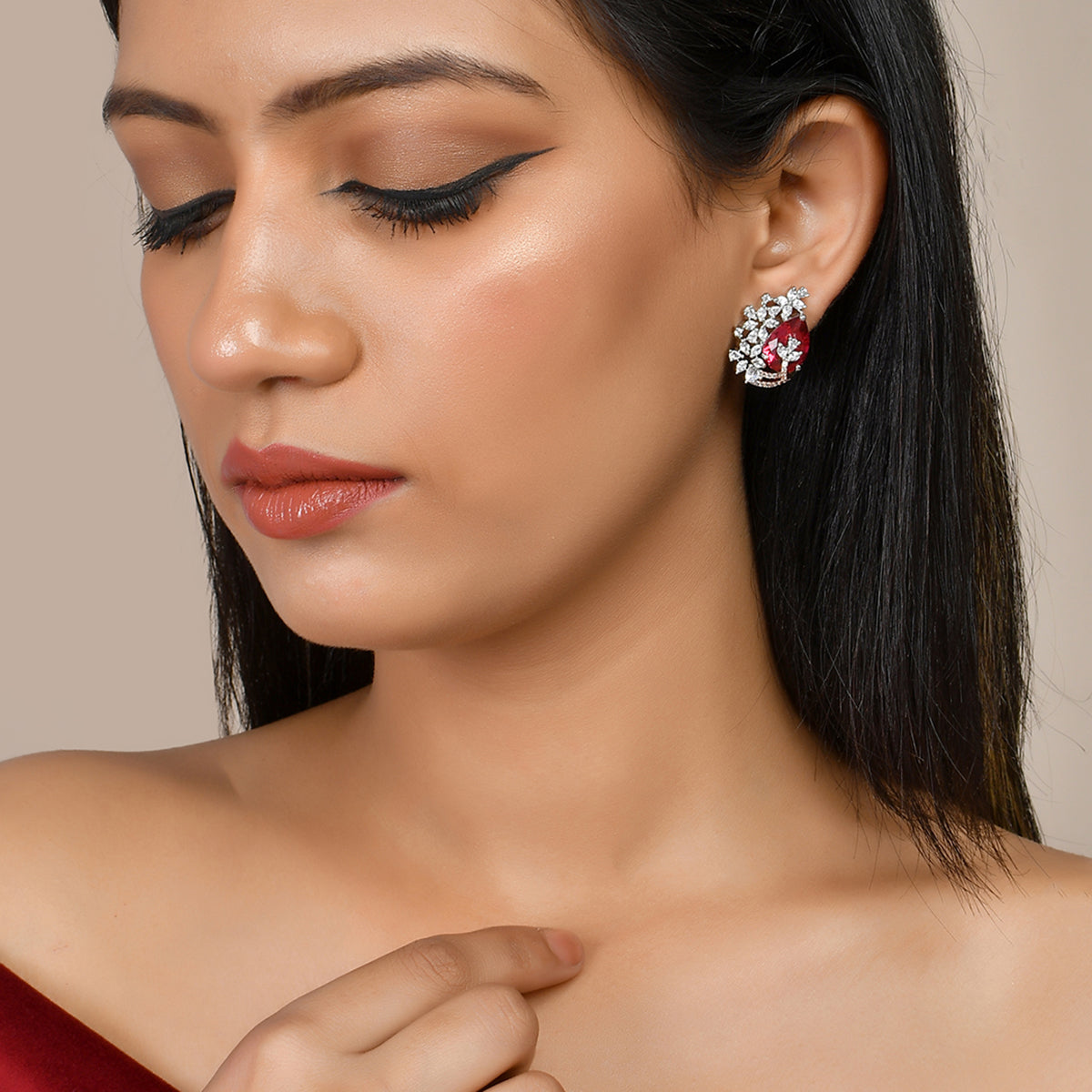 Women's Sparkling Elegance Red Leaf Shaped Cz Studded Earings - Voylla
