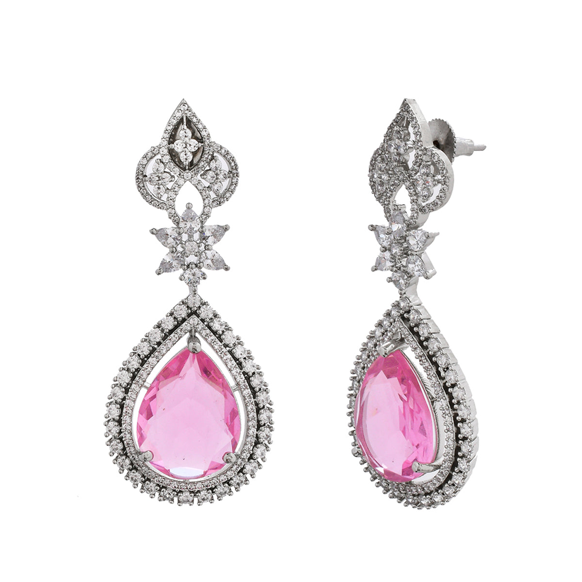 Women's Sparkling Elegance Pink Cz Adorned Tear Drop Shaped Earrings - Voylla