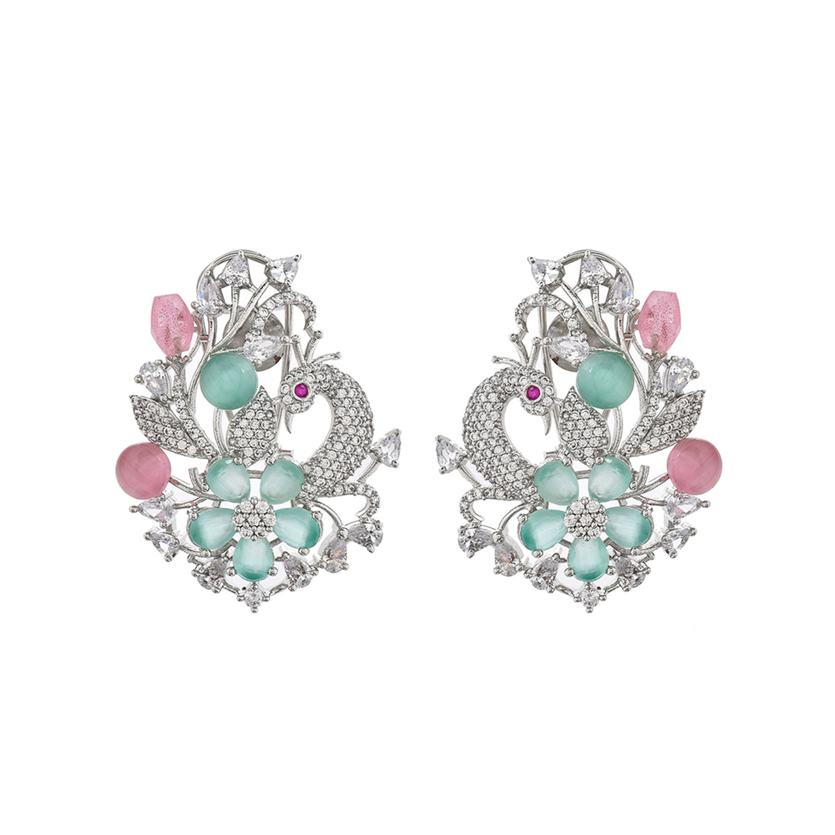 Women's Sparkling Elegance Pink Peacock Design Earings - Voylla