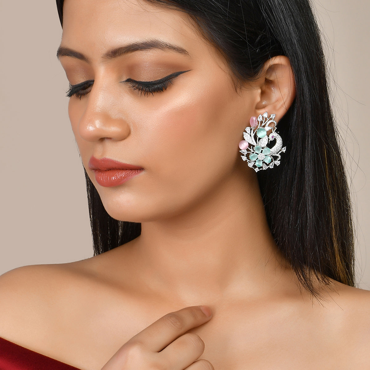 Women's Sparkling Elegance Pink Peacock Design Earings - Voylla