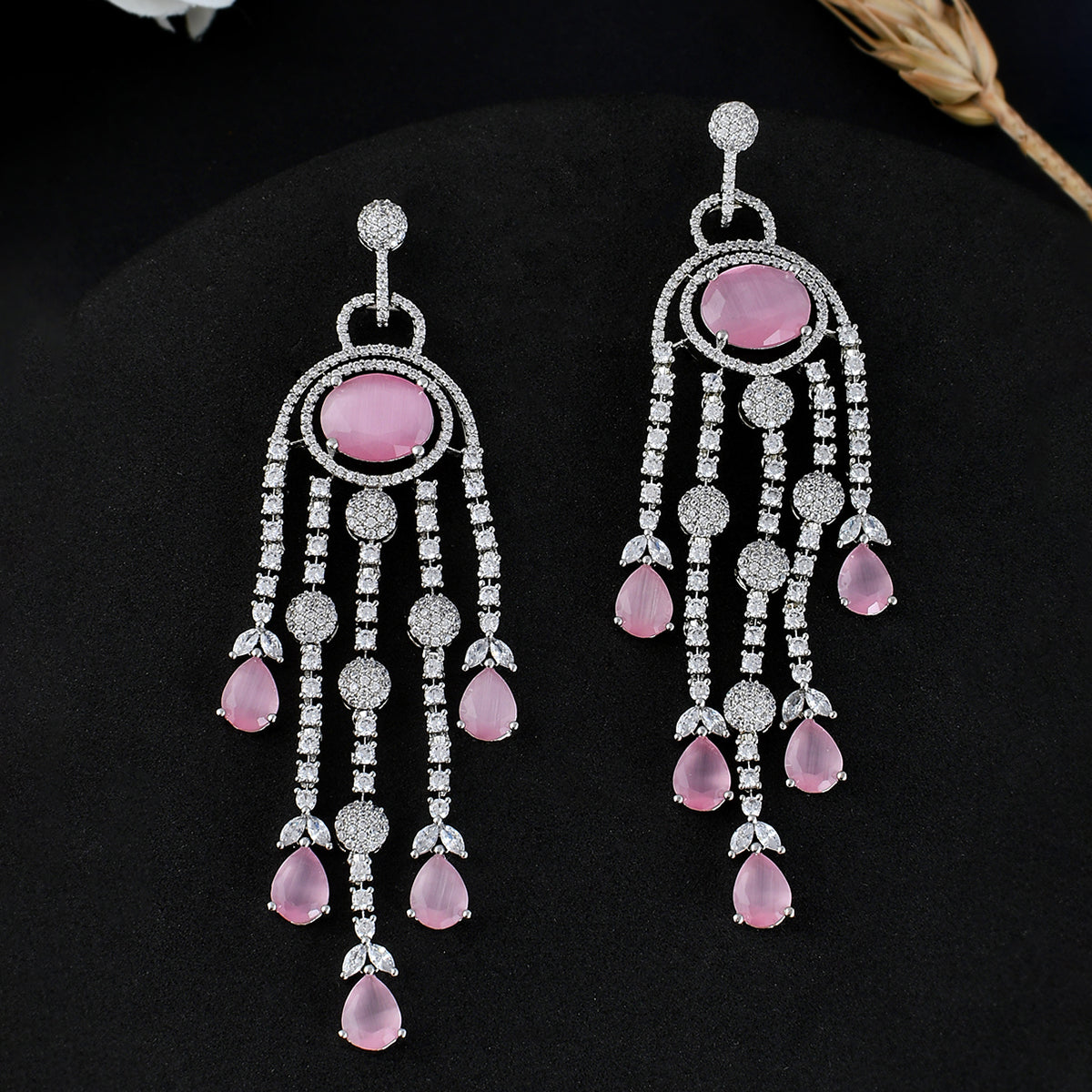 Women's Sparkling Elegance Pink Cz Studded Dangler Earings - Voylla