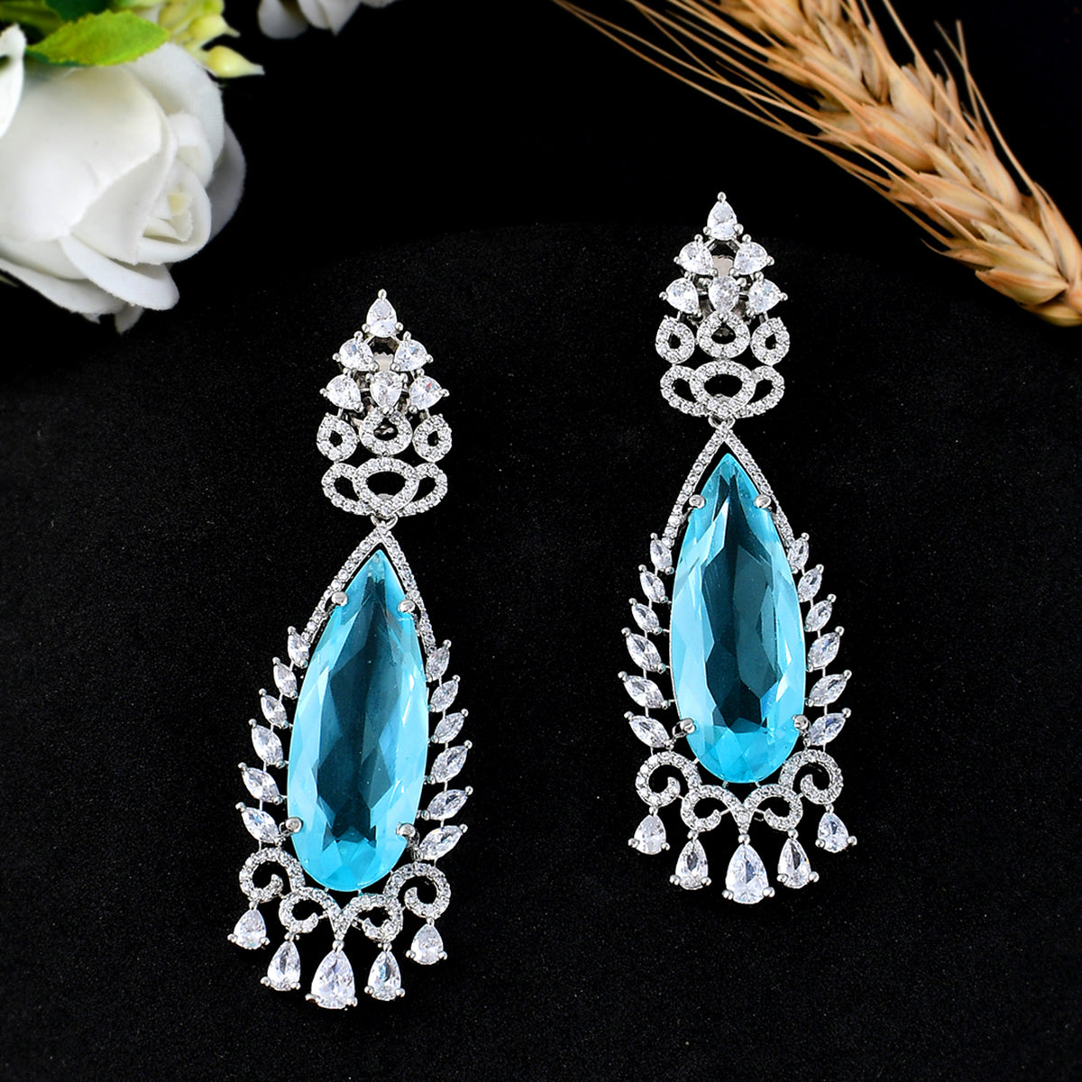 Women's Sparkling Elegance Blue Tear Drop Design Statement Earings - Voylla