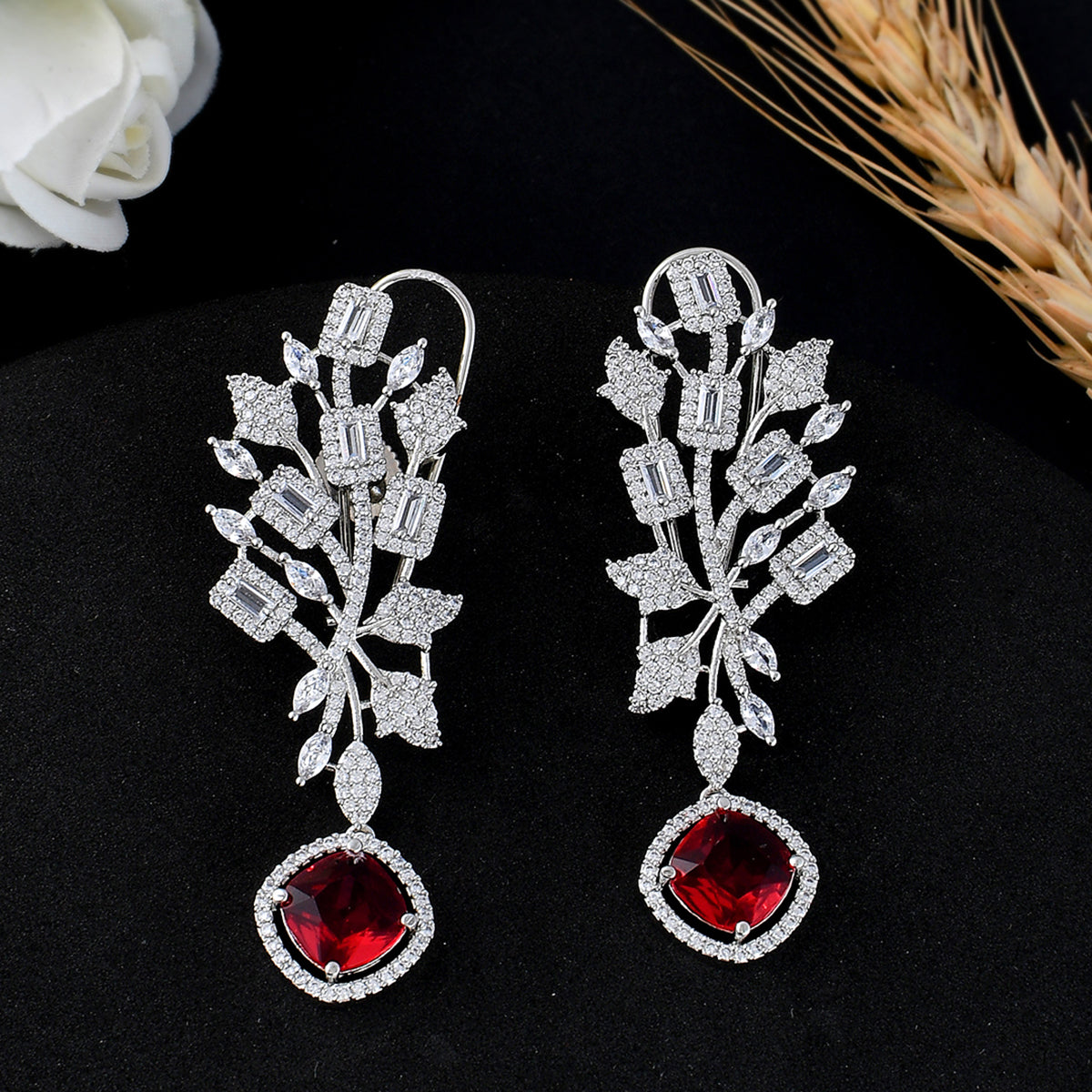 Women's Sparkling Elegance Red Curved Cz Studded Earings - Voylla
