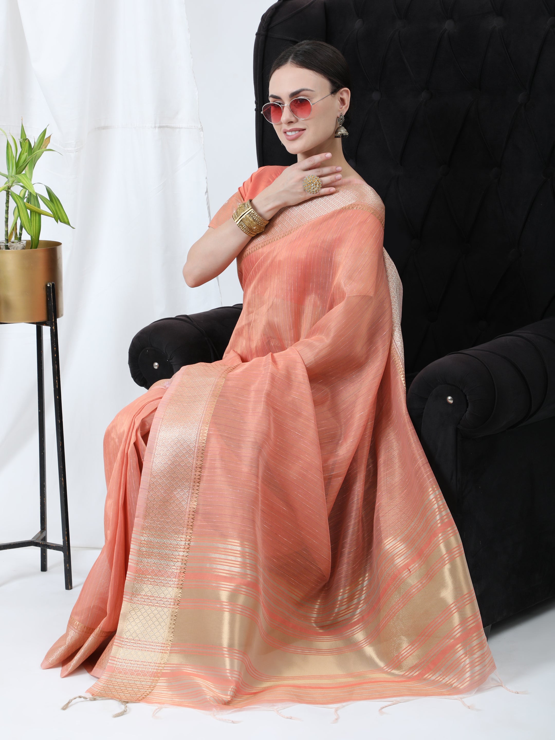 Women's Orange Woven Tissue Linen Saree With Tassels - Vishnu Weaves