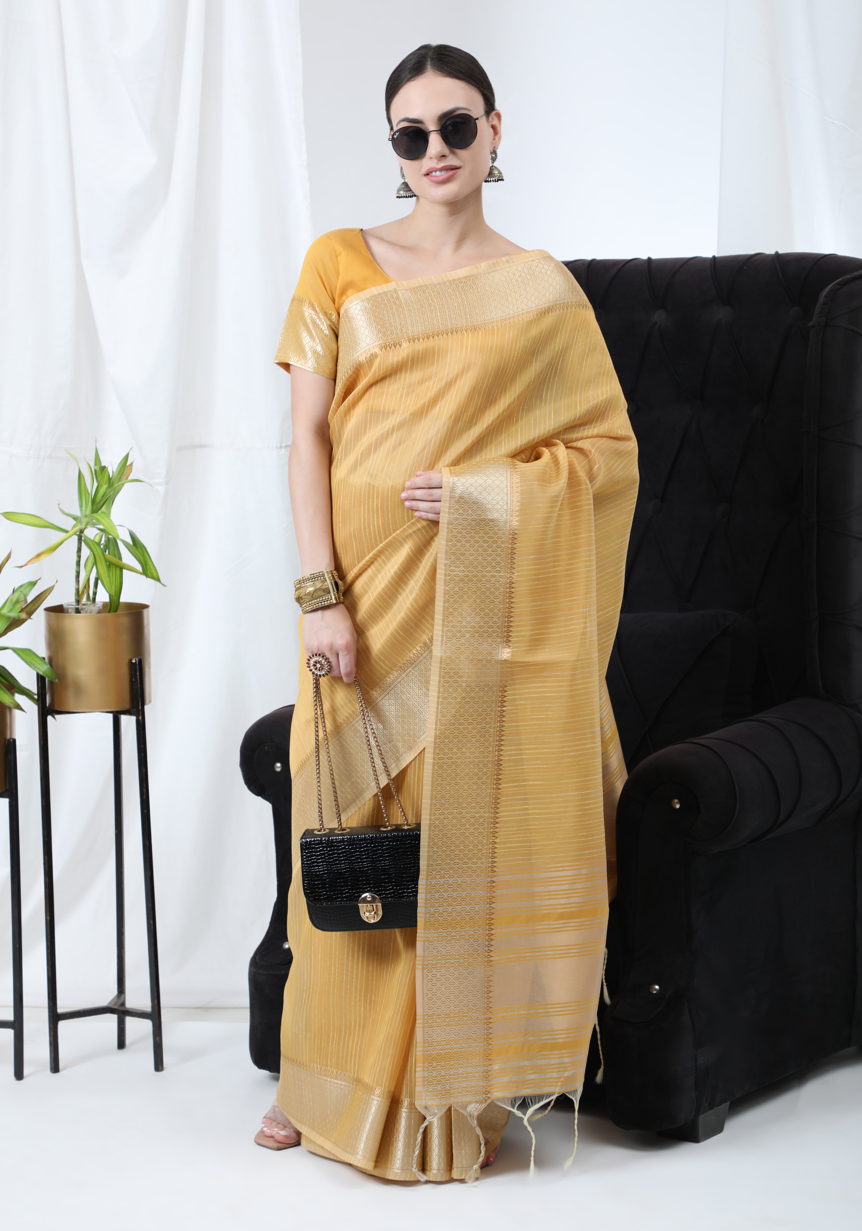 Women's Yellow Woven Tissue Linen Saree With Tassels - Vishnu Weaves
