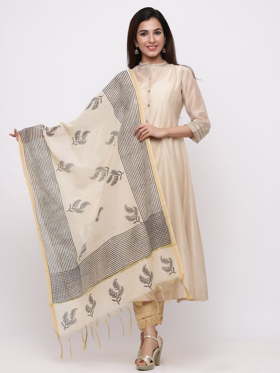Women's Gold Chanderi Cotton Printed Dupatta - Juniper