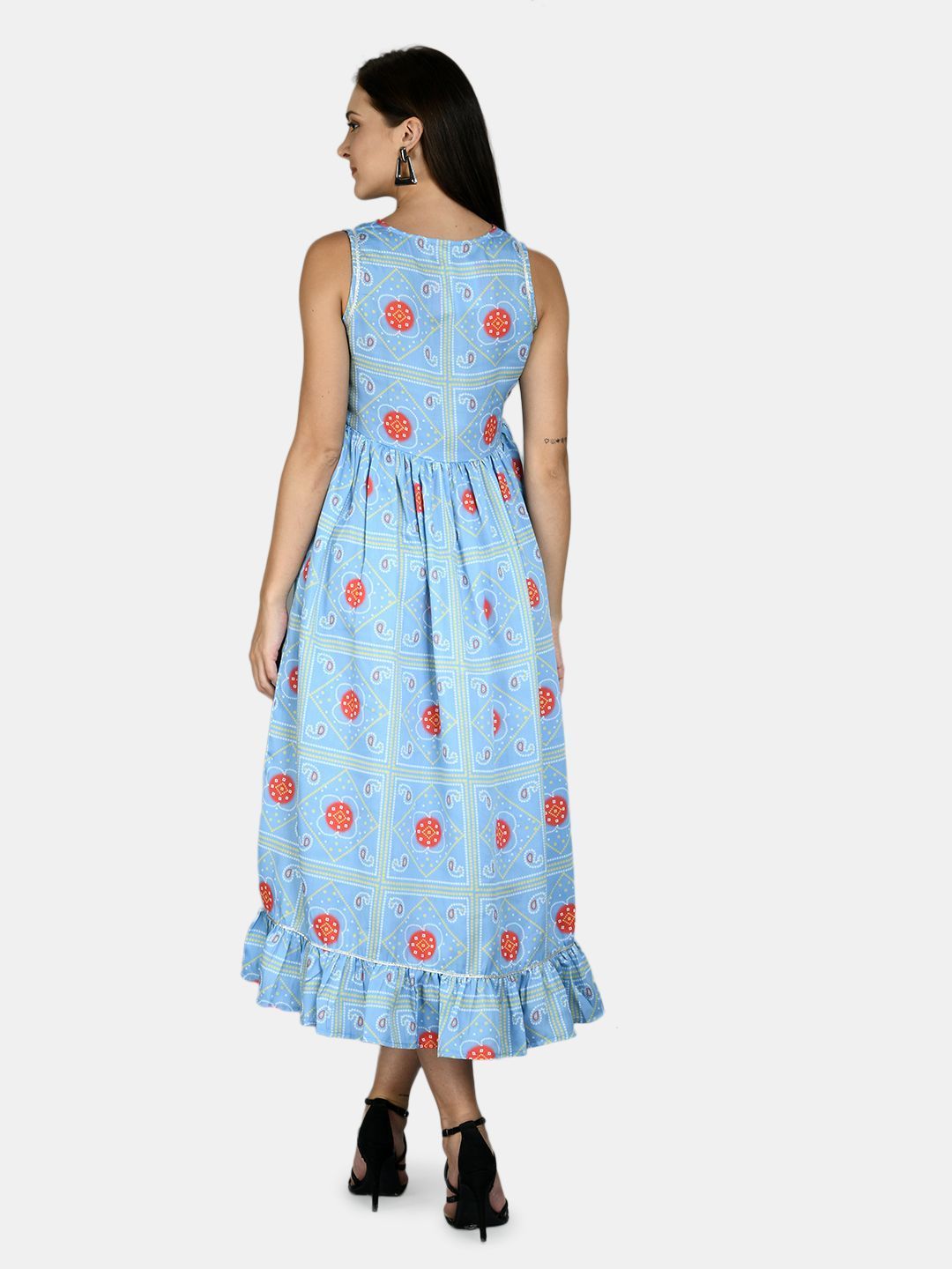 Women Sky Blue Printed Cotton Dress by Myshka (1 Pc Set)