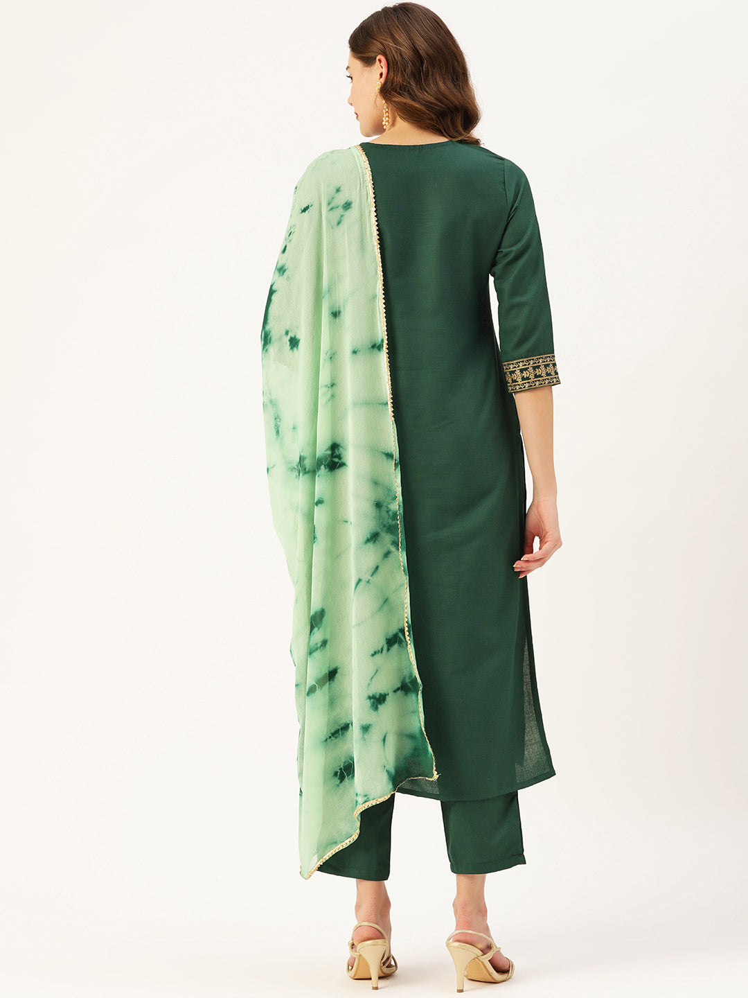 Women's Green Cotton Blend Panelled Printed Straight Kurta Trouser Set With Dupatta - Vaaba