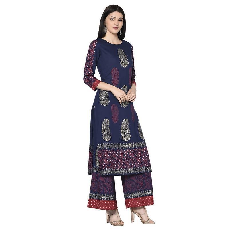 Women's Navy Blue Rayon Block print straight kurt