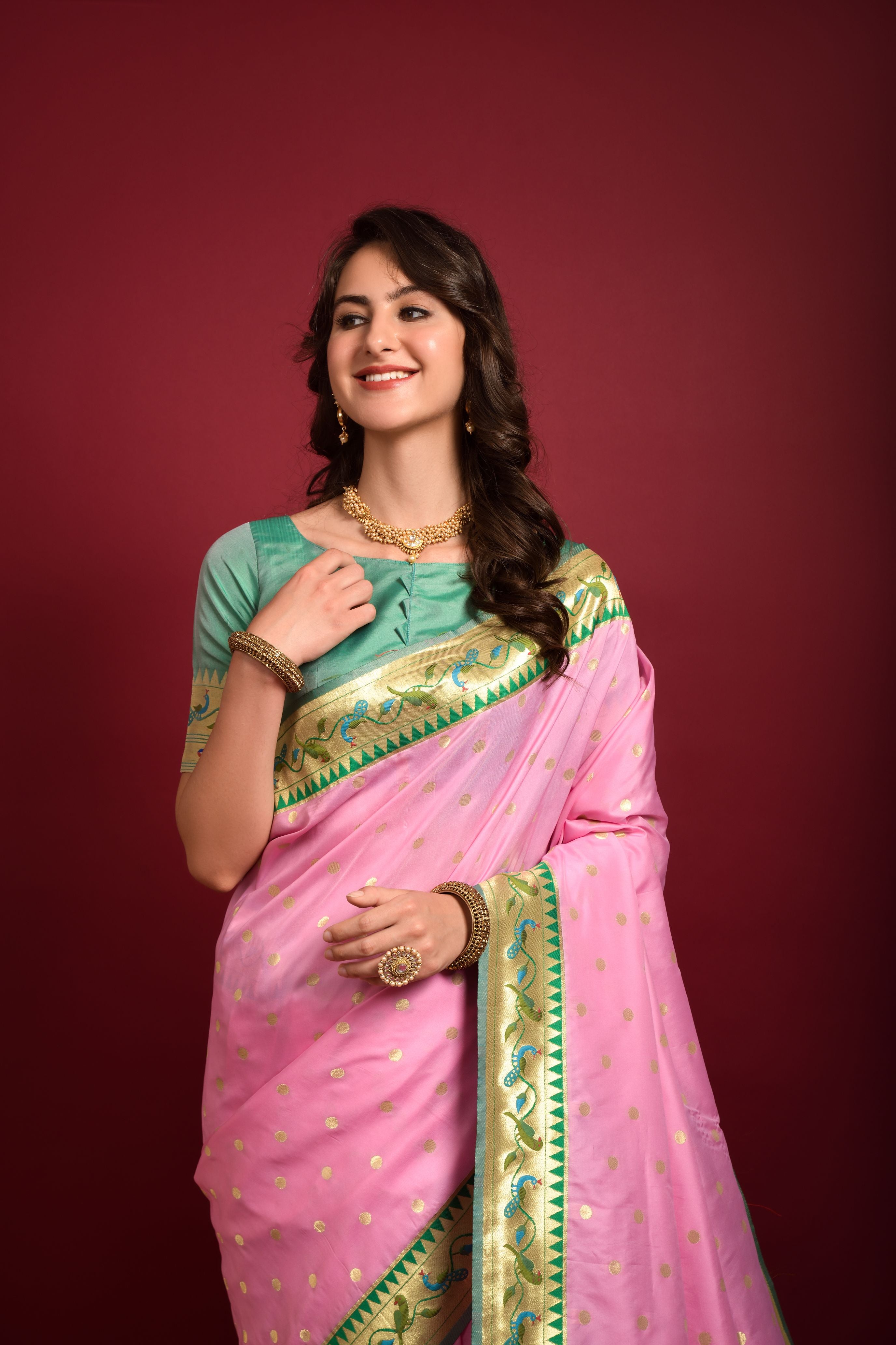 Women's Baby Pink Woven Paithani Silk Saree with Tassels - Vishnu Weaves