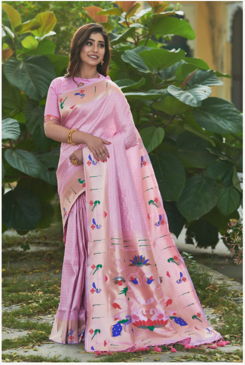 Women's Baby Pink Paithani Silk Zari Woven Saree With Blouse - Vishnu Weaves
