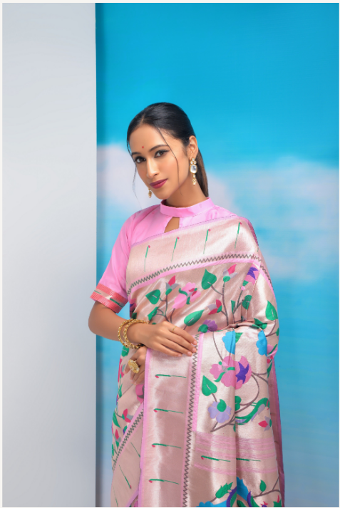 Women's Baby Pink Paithani Silk Zari Woven Saree With Blouse