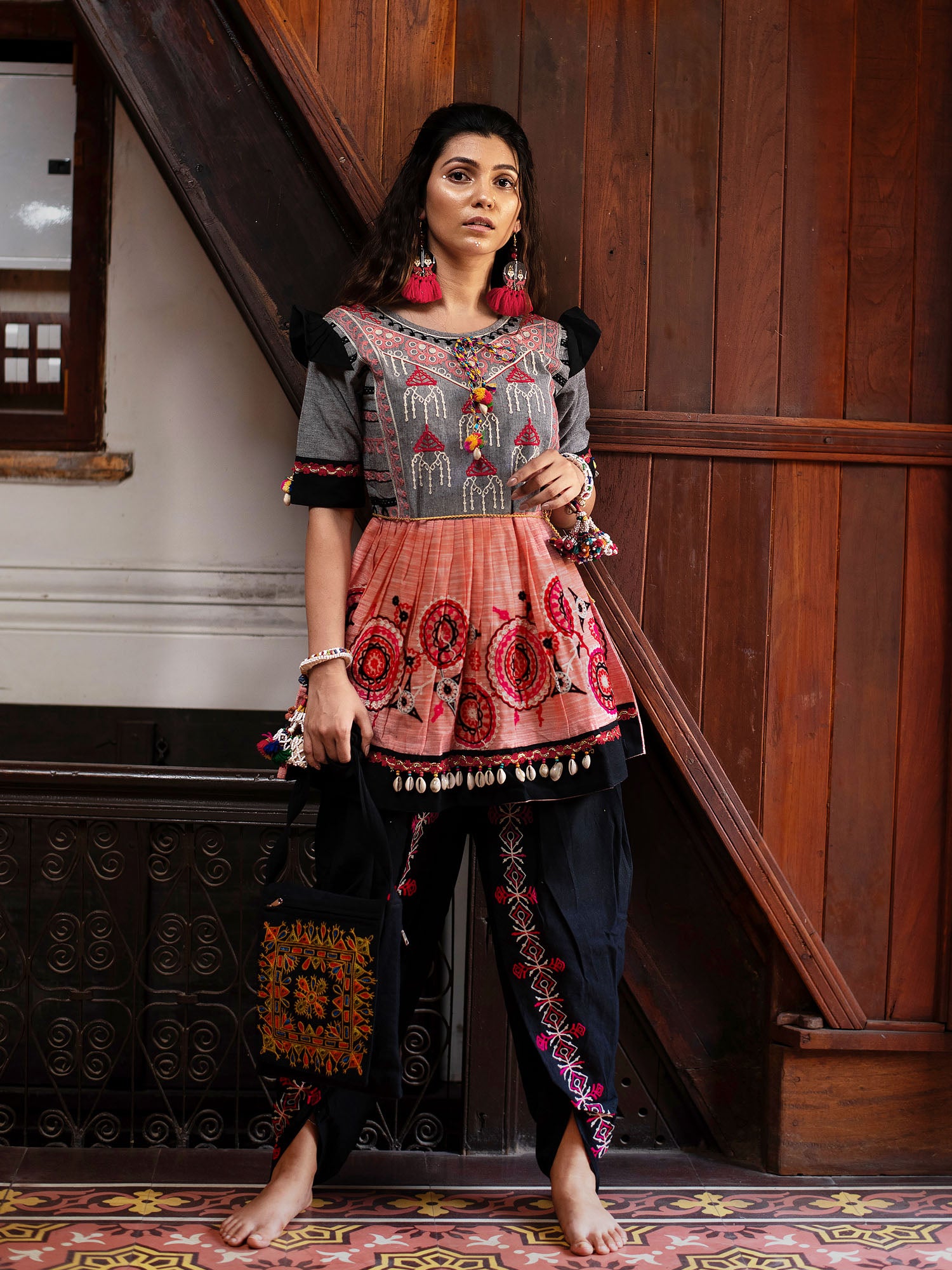 Women's Peach and grey yoke tiny chandilier embroidered khadi kedia and black tulip pants set - MESMORA FASHION
