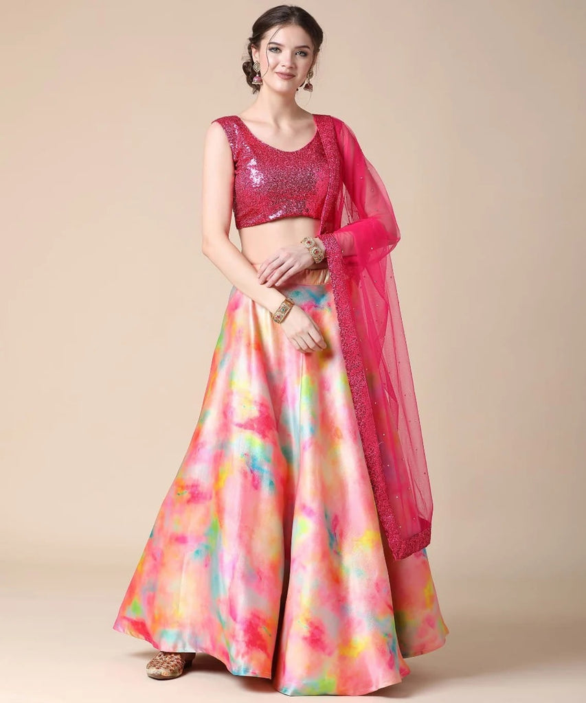 Women's New Fashion Digital Print Designer Party Wear Lehenga Choli With Dupatta Semi Stitched.