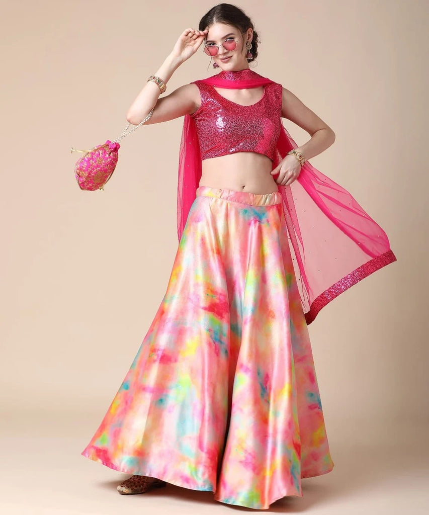 Women's New Fashion Digital Print Designer Party Wear Lehenga Choli With Dupatta Semi Stitched.
