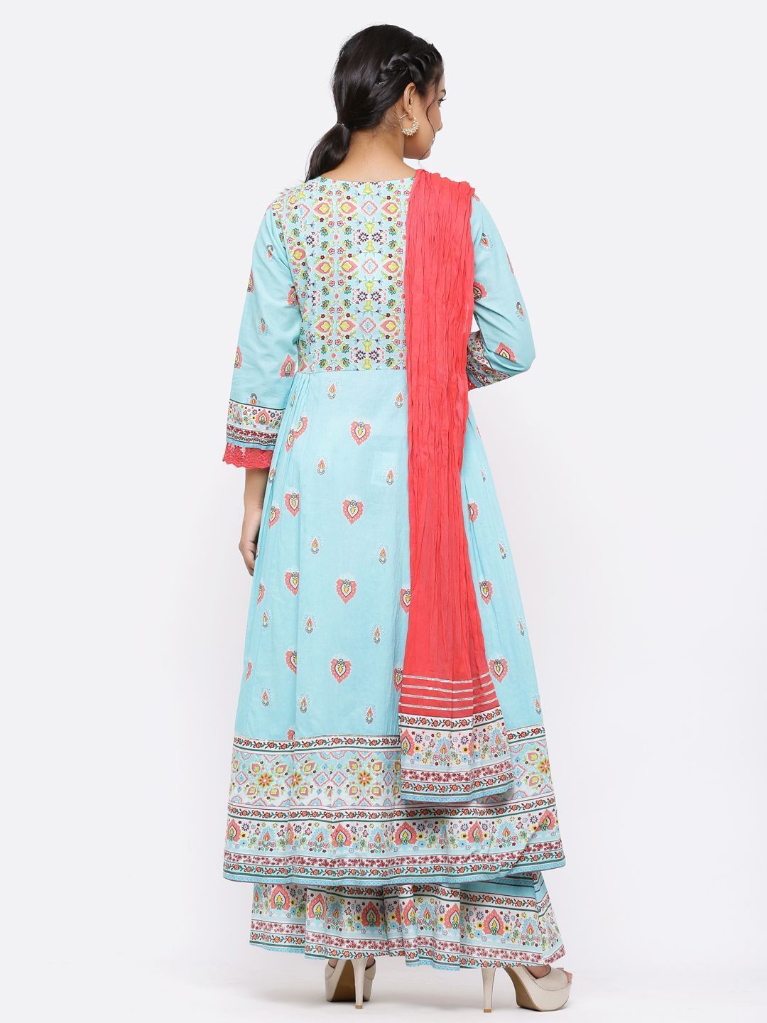 Women's Blue Cambric Printed Anarkali Kurta With Dupatta - Juniper