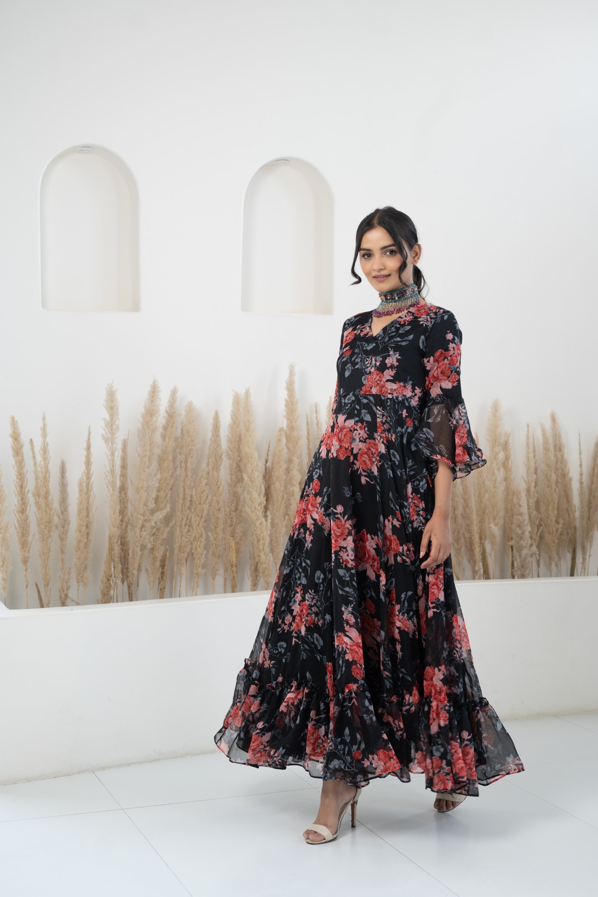 Women’S Black Floral Print Gown By Saras The Label- (1Pc Set)