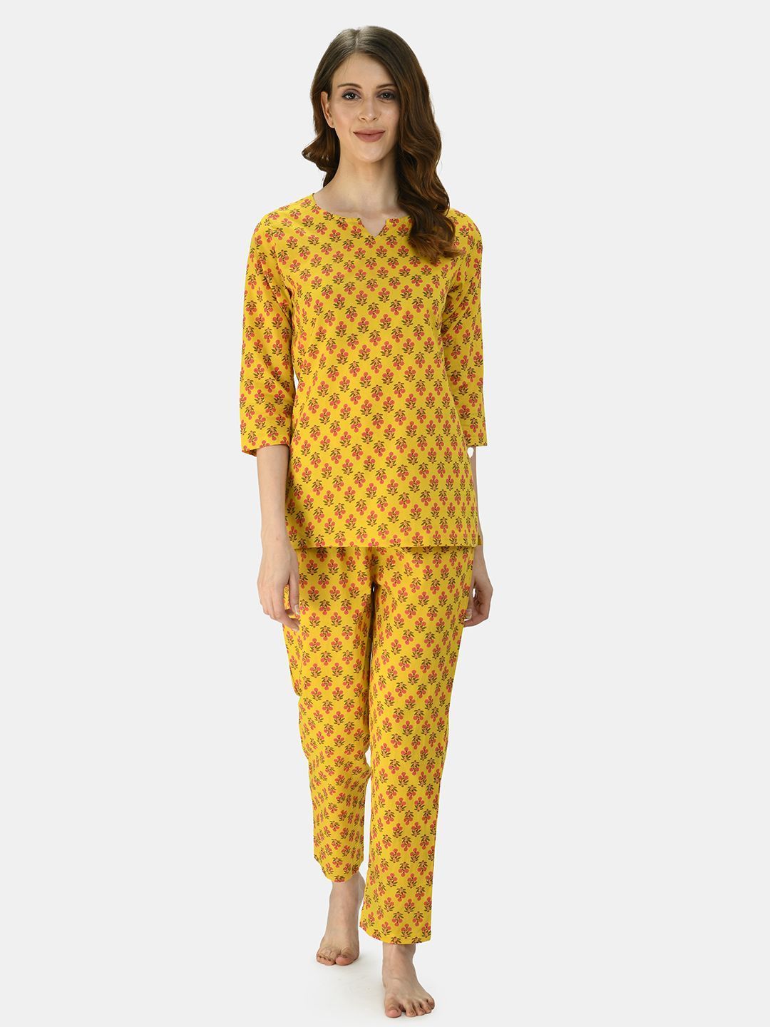 Women's Turmeric Yellow Cotton Printed Half Sleeve V Neck Casual Night Suit - Myshka