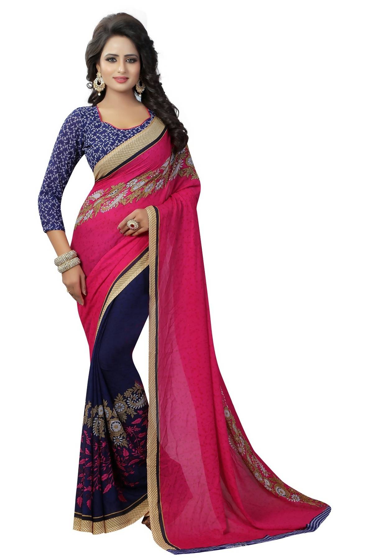 Women's Vamika Blue-Pink Georgette Printed Half & Half Saree Partly Rani - Vamika