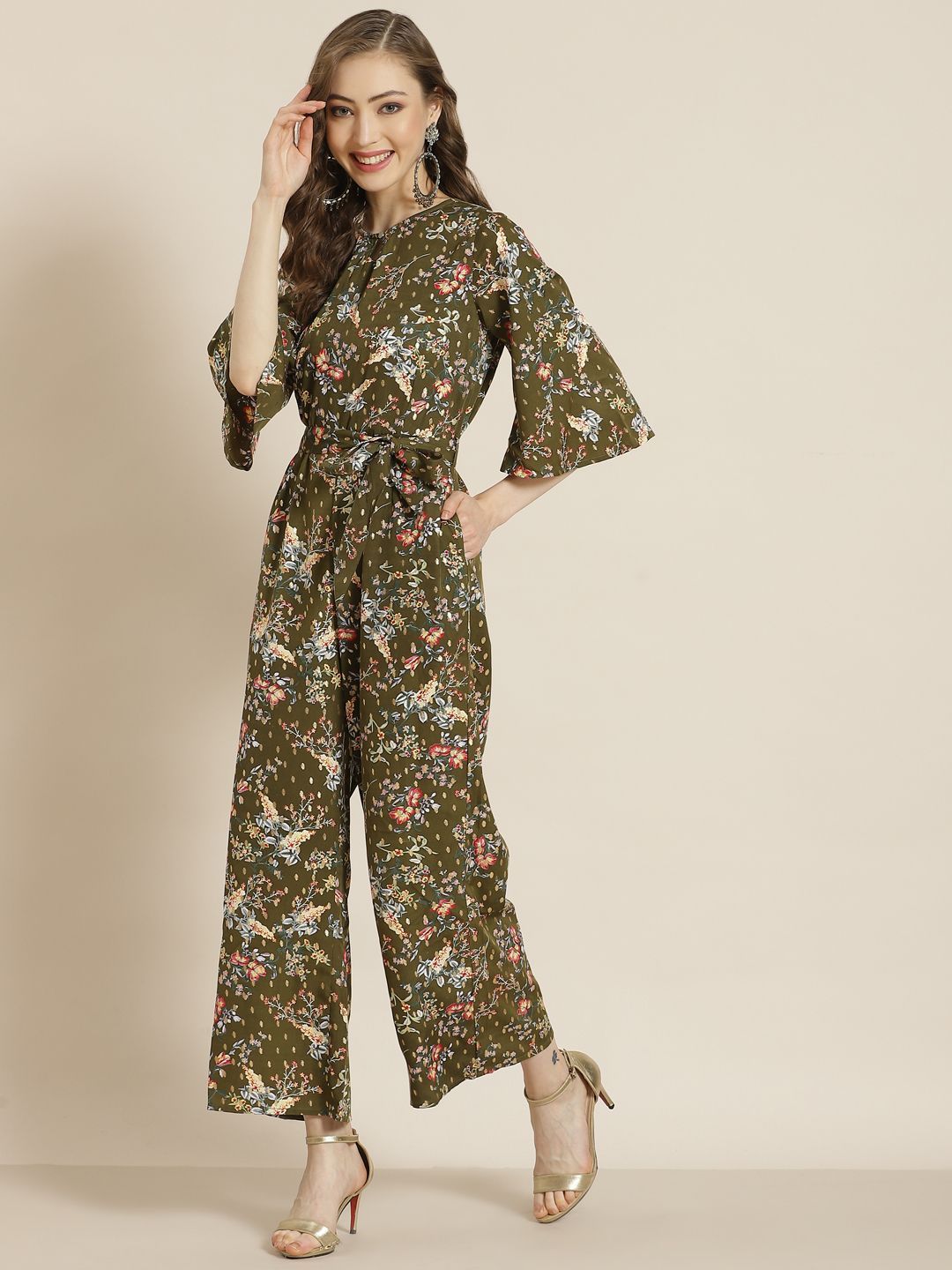 Women's Olive Micro Poly Printed Jumpsuit with Tie-up - Juniper
