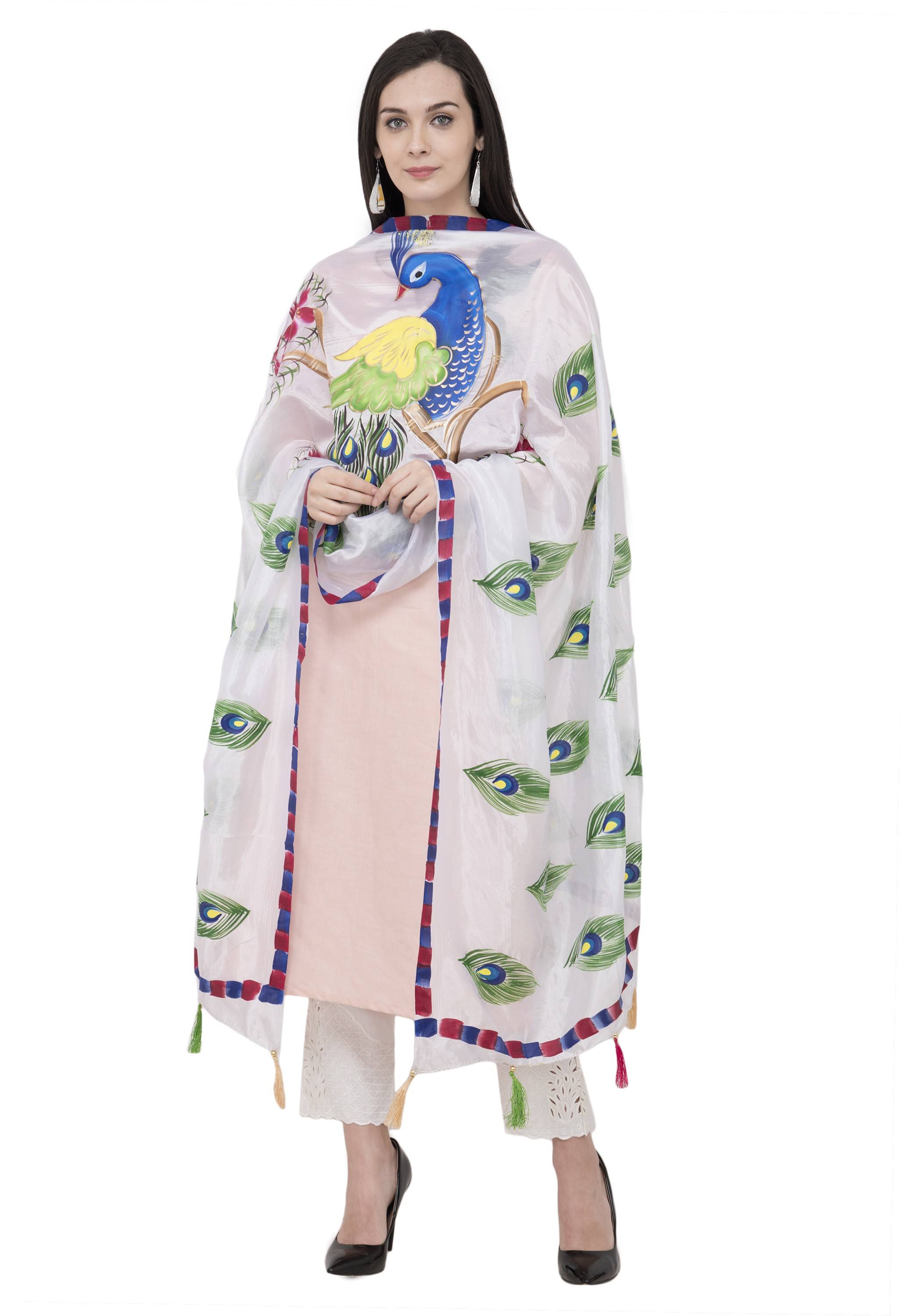 A R Silk Silk Peacock Multi Fancy Dupatta Color White Dupatta or Chunni