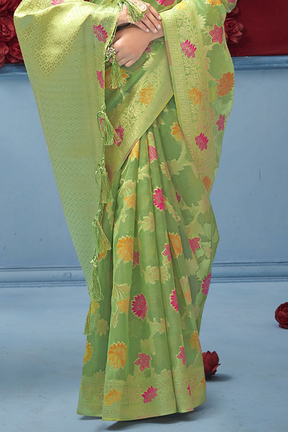 Women's Green Organza Woven Zari Work Traditional Tassle Saree - Sangam Prints