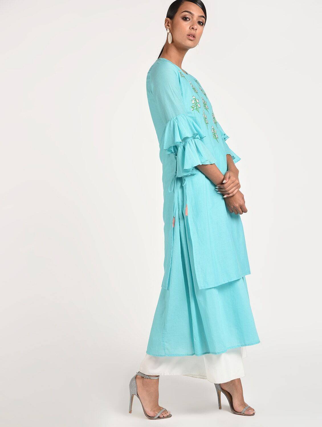 Women's Turquoise Cotton Anarkali Double Layered Kurta With Contrast Embroidery And Side Dori Tasal - Cheera