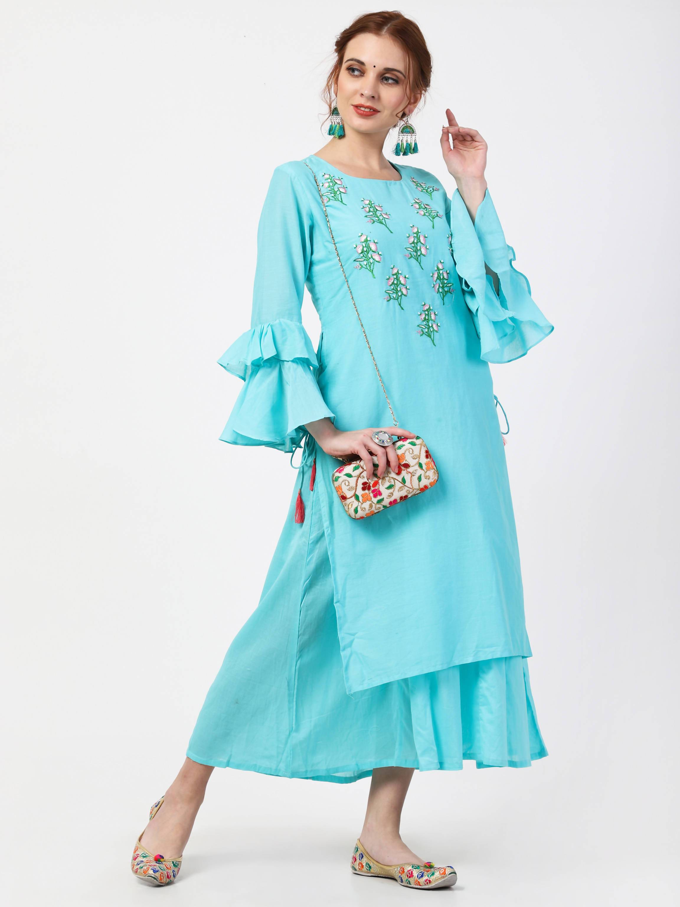 Women's Cotton Turquoise Double Layer Flair Anarkali Kurta Only - Cheera