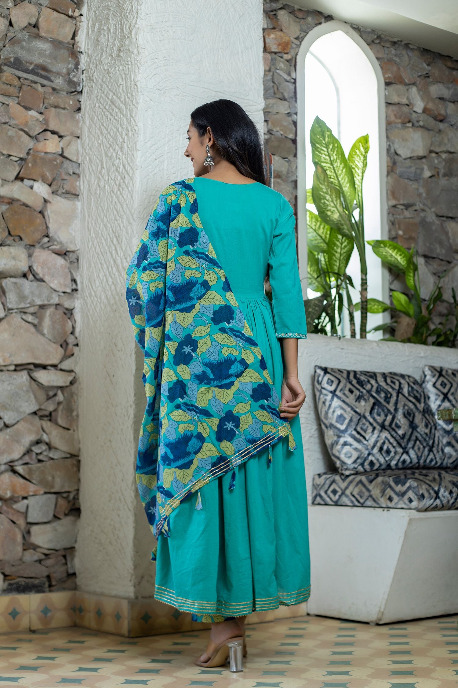 Women's Turquoise Floral Print Anarkali Suit Set - KAAJH