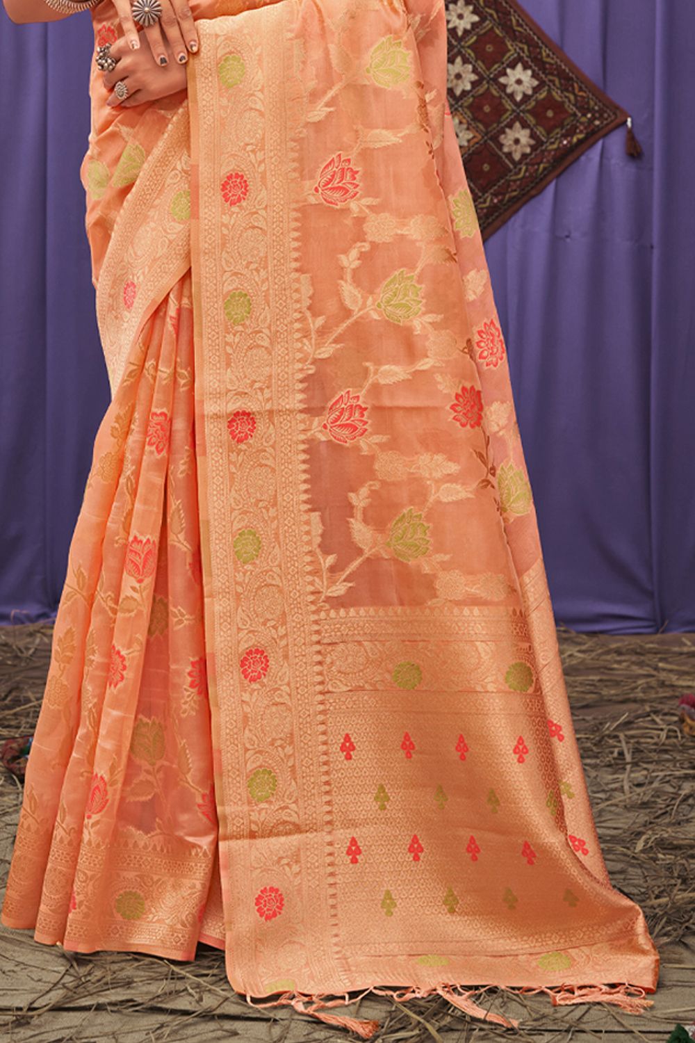 Women's Peach Organza Woven Zari Work Traditional Tassle Saree - Sangam Prints