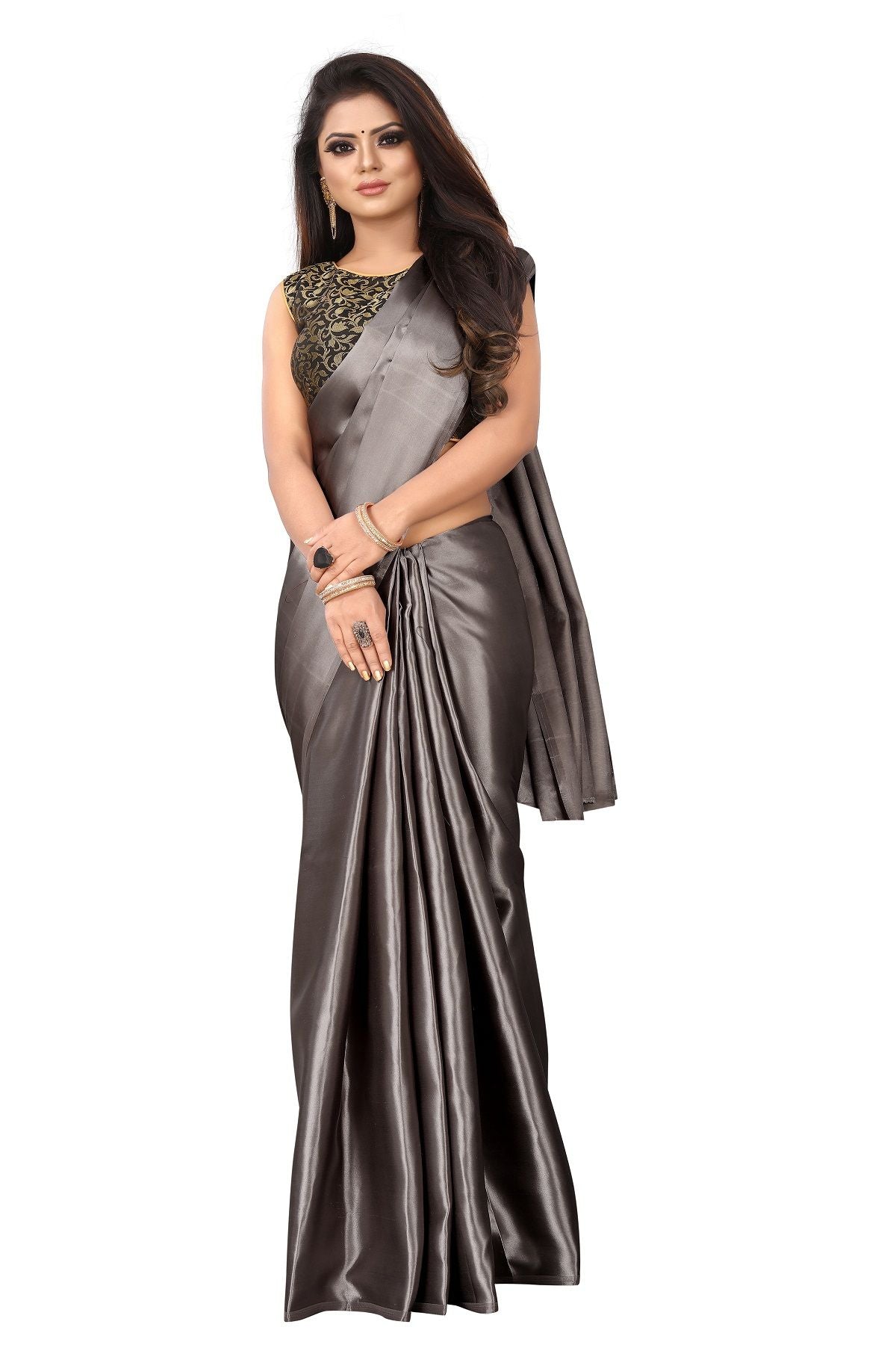 Women's Grey Satin Designer Saree - Vamika
