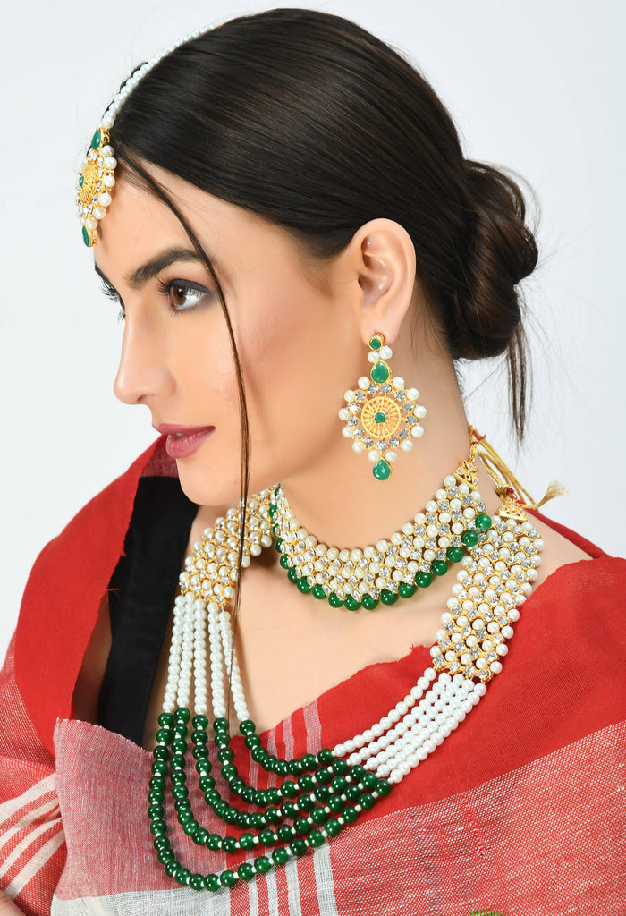 Kamal Johar Gold-Plated Rani Haar with Green and Off white Pearls Jeweller