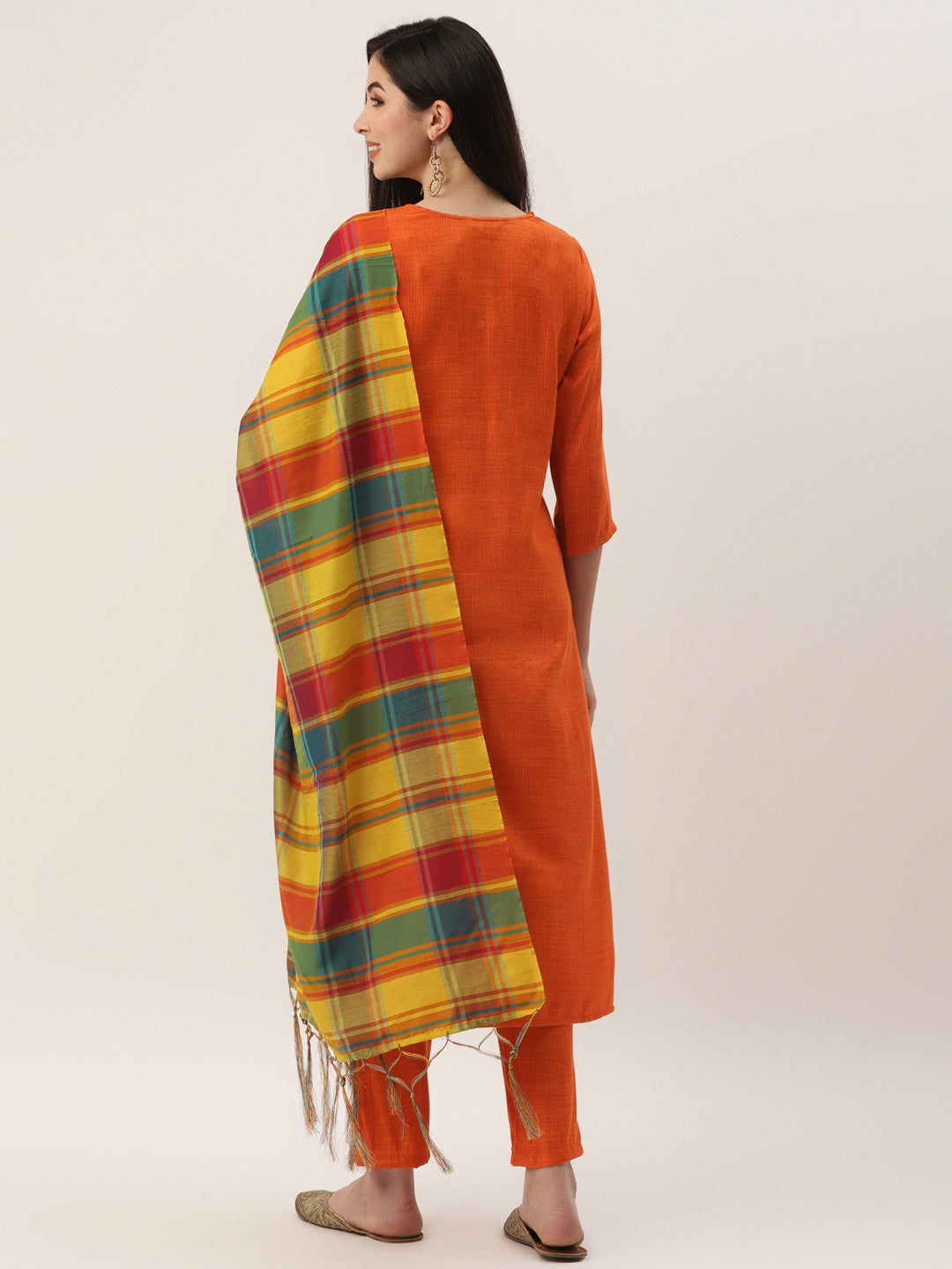 Women's Orange Color Rayon blend Embroidered Straight Kurta Pant With Dupatta   - VAABA