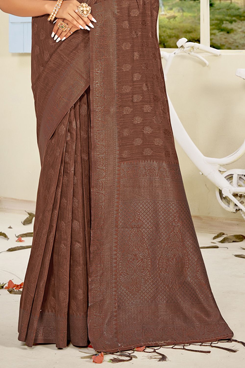 Women's Brown Cotton Woven Zari Work Traditional Tassle Saree - Sangam Prints
