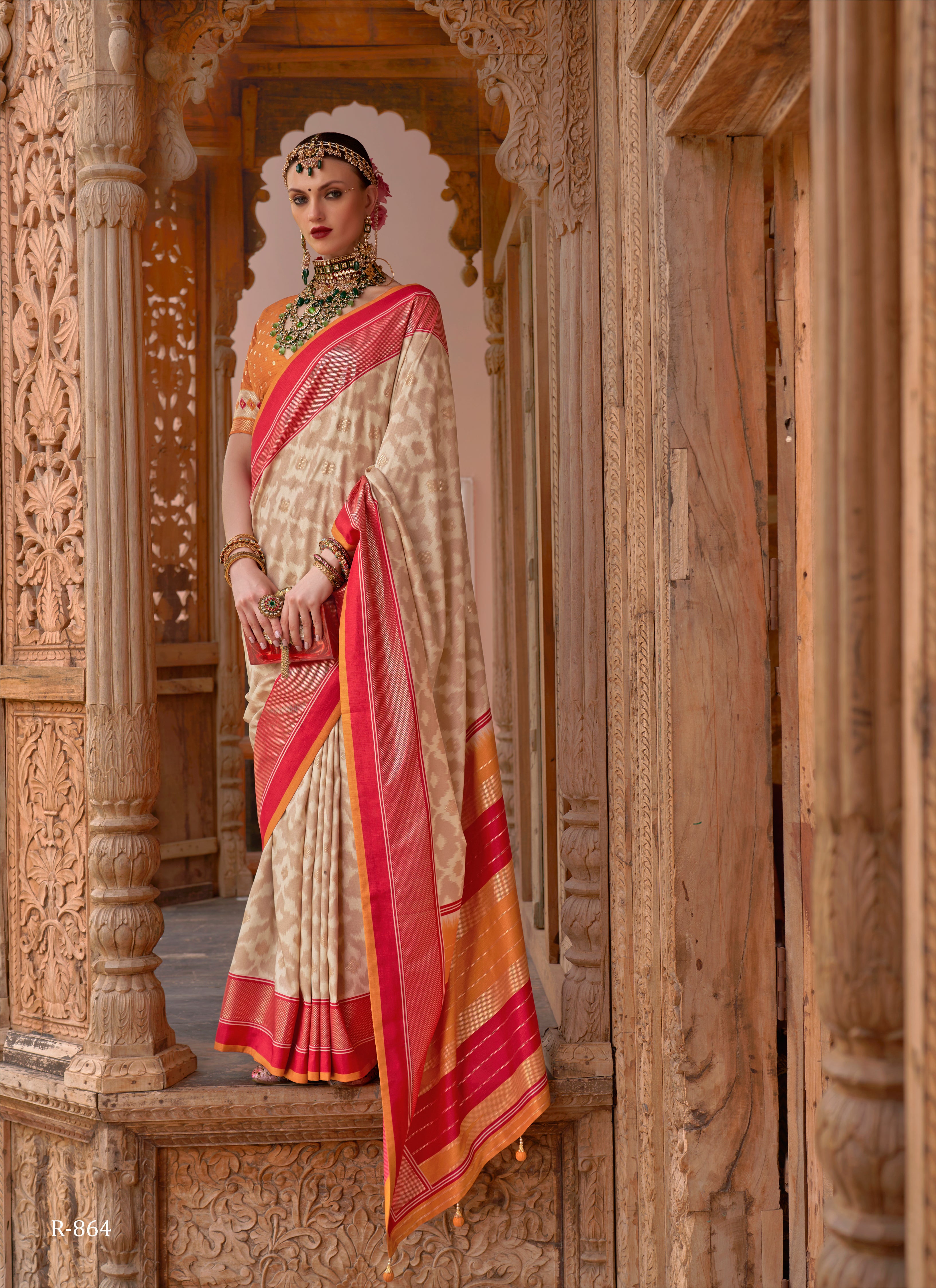 Pink and cream kanchipuram silk saree with hand worked blouse – Threads