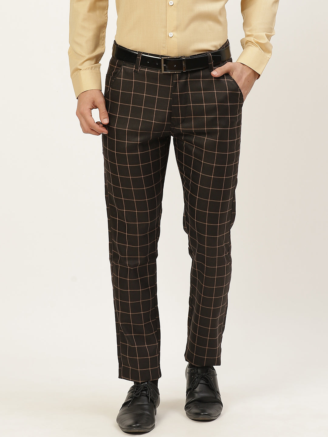 Men's Cotton Blend Black Beige Checked Formal Trousers