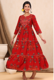Women's Red Rayon Printed Flared Dress - Juniper
