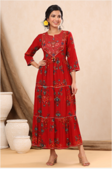 Women's Red Rayon Printed Flared Dress - Juniper